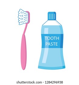 Pink toothbrush and toothpaste isolated