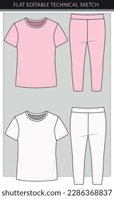 Pink top and legging girls set flat sketch vector file. 