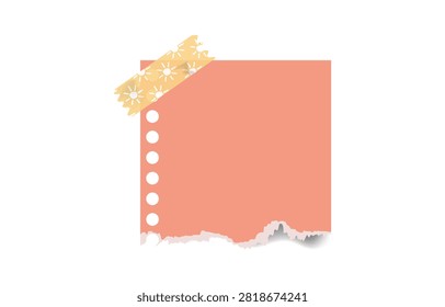 A pink torn paper note with a perforated edge, decorated with sun patterned washi tape, isolated on white background. Perfect for notes and reminders.