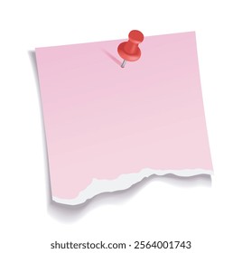 Pink torn paper note with a red pushpin isolated on a white background, realistic vector illustration with shadows, ideal for reminders, creative projects, or presentations