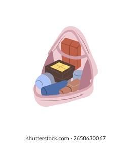 Pink tote bag carrying cylindrical and cube-shaped objects is depicted in a simple illustration for various design needs.