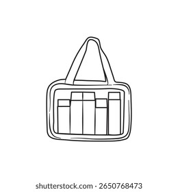 Pink tote bag carrying cylindrical and cube-shaped objects is depicted in a simple illustration for various design needs.