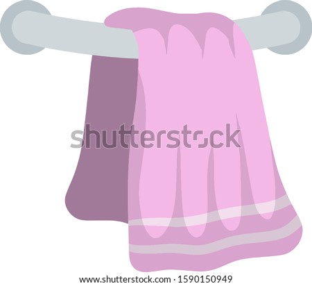 Pink towel on holder. Element of bath, shower and kitchen. dry off with towel. Object on wall. Cartoon flat illustration