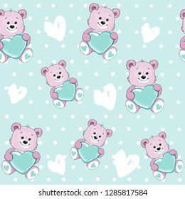 Pink toy bear with heart seamless pattern on a blue background