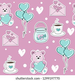 Pink toy bear with heart and valentines elements seamless pattern on a pink background