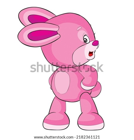 pink toy hare put his hands on his belt and evil looks to the side, cartoon illustration, isolated object on a white background, vector, eps