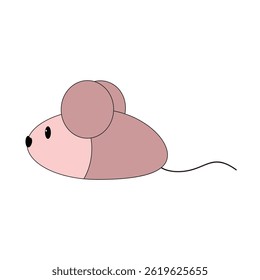 Pink toy mouse with big ears and tail, cute cat plaything, isolated on white, vector illustration