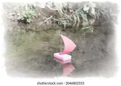 Pink toy sailboat sailing on the water. Children's homemade boat from a kitchen sponge. Styling as watercolor painting. Handsome young man.Vector illustration.