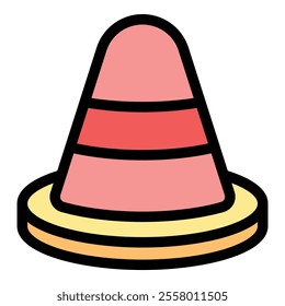 Pink traffic cone with red stripes standing on a yellow base, signaling caution and indicating a potentially hazardous area