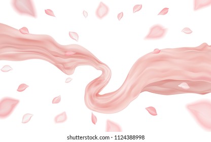 Pink translucent fabric floating and pink petals on transparent background, 3d illustration.