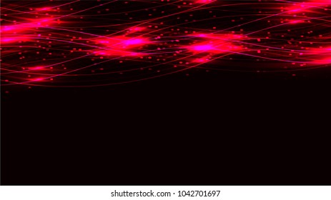 Pink transparent abstract shining magical cosmic magical energy lines, rays with highlights and dots and light shines on a dark background from above. Vector illustration.