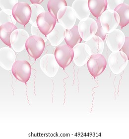 Pink transparent balloon on background. Frosted party balloons for event design. Balloons isolated in the air. Party decorations for birthday, anniversary, celebration. Shine transparent balloon.