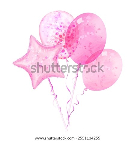 Pink transparent balloons. Bunch of vector watercolor balloons in the shape of star