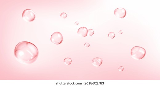 Pink transparent cosmetic serum bubbles isolated on light background. Hyaluronic acid or collagen. Skincare beauty product concept. Vector illustration