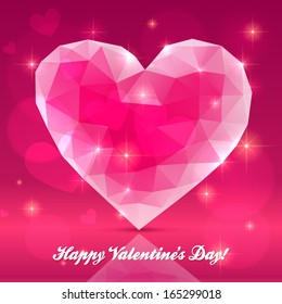 Pink transparent crystal heart, vector greeting card