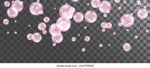 Pink transparent flying bubbles isolated on a transparent checkered background. Effervescent sparkling bubbles. Streams with air bubbles. Vector realistic