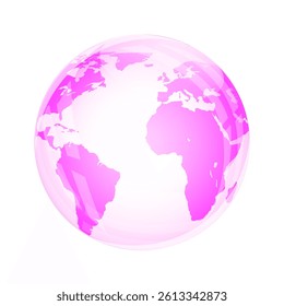 Pink transparent glass earth globe on a white