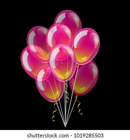 Pink transparent helium Balloons. Vector balloons on black background