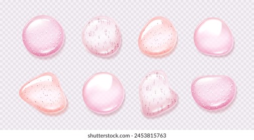 Pink transparent soap or cleansing gel drops with texture. Realistic 3d vector illustration set of serum water or liquid cosmetic droplet. Circular beauty product cream splash and jelly smears.