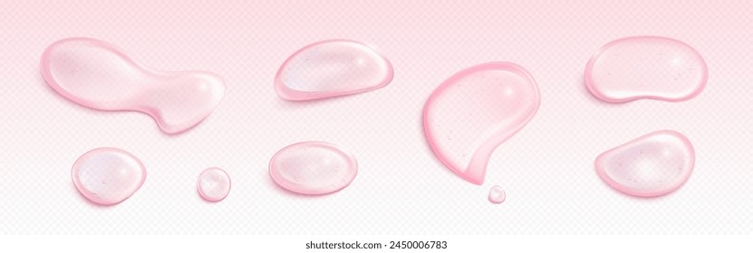 Pink transparent soap or gel drops on surface. Realistic 3d vector illustration set of serum water droplet. Pastel colored liquid cream or moisture skin care cosmetic puddle or spill swatch.