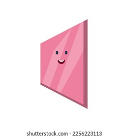 Pink trapezium character with eyes and mouth smiling. Colorful geometric figure with face cartoon vector illustration. Geometry, education concept