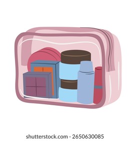 Pink travel bag filled with assorted beauty and personal care products is ready for a trip Perfect for travel or beauty themes