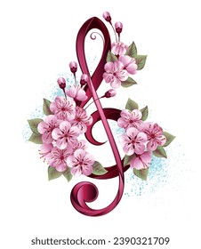 Pink treble clef with delicate, detailed pink Japanese cherry blossoms against white background painted over with light blue paint. Blooming pink sakura. hand drawn vector art