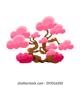 Pink Tree Bonsai Miniature Traditional Japanese Garden Landscape Element Vector Illustration