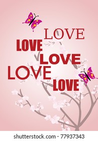 pink tree branch background with love text