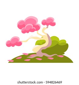 Pink Tree , Bush And Fallen Leaves, Bonsai Miniature Traditional Japanese Garden Landscape Element Vector Illustration