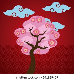 pink tree with flowers over clouds and red background. colorful design. vector illustration