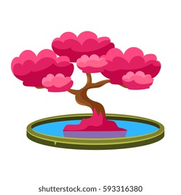 Pink Tree Growing In Pond Bonsai Miniature Traditional Japanese Garden Landscape Element Vector Illustration