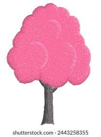 Pink tree isolated on white background. Abstract hand drawn sakura tree with pink flowers and brown trunk. Cute cartoon style, dots texture