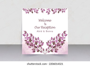 Pink Tree Leaves With Watercolor Background Wedding Reception Card