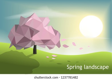 Pink tree low poly with green field and sunset blue sky background,spring and winter season concept, vector art and illustration,polygon triangle and geometric shape design,nature landscape.