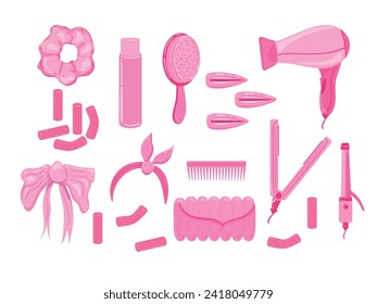 Pink trendy barbiecore set of accessories and equipment for hair, hair dryer, curling iron, styler, comb, bow, hair clips, curlers, hair ornaments. Vector illustration on a white background