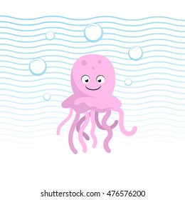 Pink trendy cartoon smiling jellyfish swimming underwater. Kid education design. Blue waves and bubbles.