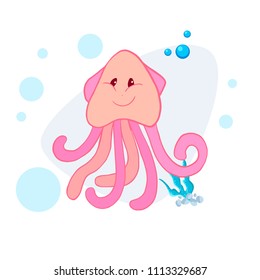 Pink trendy cartoon smiling squid swimming underwater. Kid education design. Blue waves and bubbles.