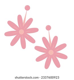 Pink trendy earrings with flowers in flat style, barbiecore aesthetic. Vector sketch illustration isolated on white background, cute design elements.
