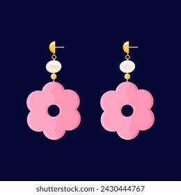 Pink trendy earrings with pearl and plastic flower. Cute trendy girly accessories. Y2k aesthetic. Cartoon, flat vector illustration