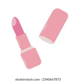 Pink trendy liptick in flat style, barbiecore aesthetic. Vector sketch illustration isolated on white background. Cute design elements.