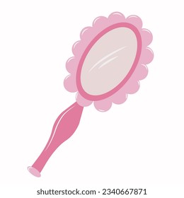 Pink trendy mirror in flat style, barbiecore aesthetic. Vector sketch illustration isolated on white background. Cute design elements.