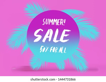 Pink trendy poster with palm leaves and handdrawn text "Summer Sale". Modern millenial pink color, brush pen calligraphy composition.