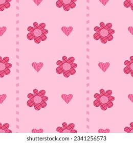 Pink trendy seamless pattern. Decorative minimalist flowers and hearts on pink background. Vector illustration. pink aesthetic barbiecore for design, textile, wallpaper, packaging