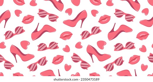 Pink trendy seamless pattern with lips, shoes, sunglasses and hearts isolated on white background.