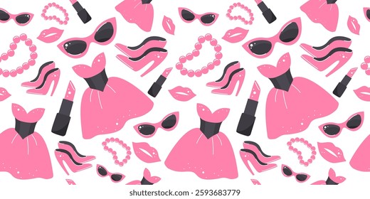 Pink trendy set, doll dress and aesthetic accessories. Girly beauty seamless background. Glamorous girl doll. Vector set isolated on white background