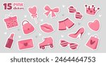 Pink trendy sticker pack. Crown, sunglasses, lipstick, high heels, lips, shorts, roller skates and hearts. Vector set of aesthetic accessories.