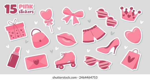 Pink trendy sticker pack. Crown, sunglasses, lipstick, high heels, lips, shorts, roller skates and hearts. Vector set of aesthetic accessories.