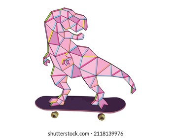 rosafarbene T-Rex mit Skaten einzeln auf weißem Hintergrund. Low Poly Tyrannosaurus Rex. Dinosaurier-Illustration. Dino Vector.