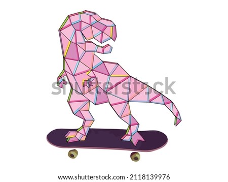 Pink T-Rex doing skate isolated  on White Background. Low Poly Tyrannosaurus Rex. Dinosaur Illustration. Dino Vector.